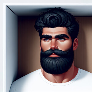 A tall chubby man in an all white box, black hair, thick eyebrow...