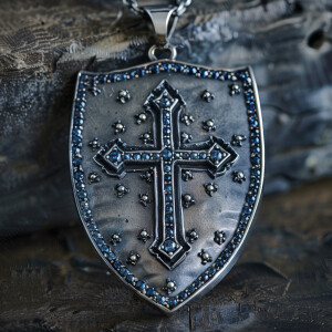 Design a sterling silver shield of faith featuring a prominent c...