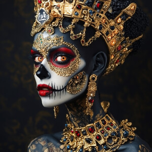 An otherworldly Egyptian zombie queen adorned with elaborate jew...