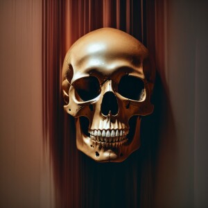 A skull partially emerging from shadows into a soft light, seeki...