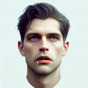 Generate a hyper-realistic image of a man with a blank expressio...