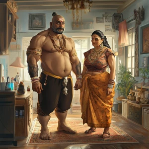 Digital art,a muscular sweaty  employ standing and welcomes  a 5...