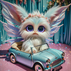 Imagine a whimsical, fluffy creature with large, sparkling purpl...