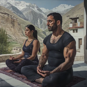 Photorealism,realism,A man muscular beefy sweaty doinga yoga sit...