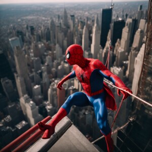Spiderman, clad in his iconic red and blue suit, swings eneristi...