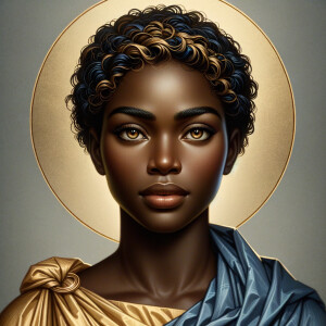 Create a beautiful African-American Jesus Christ with Hazel, brown eyes and blue and gold robe