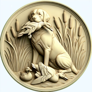 A hunting dog holding a duck in its mouth,  amongst some reeds,...