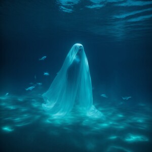 A translucent ghost gracefully drifting in the dark depths of th...