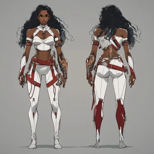 A powerful ebony female warrior character design, front and back...