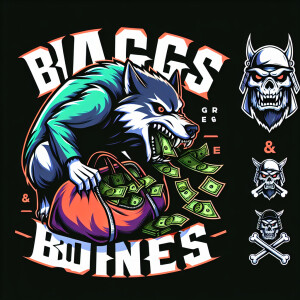 very detailed logo showing vicious 6 eyed wolf eating a money du...