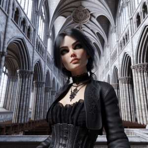 Gothic Woman with black hair standing In a Gothic cathedral