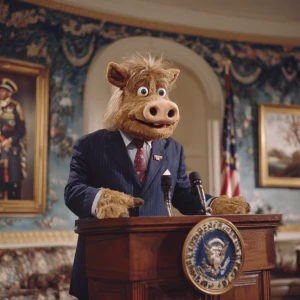 ALF dressed in a presidential suit, standing behind a podium in...