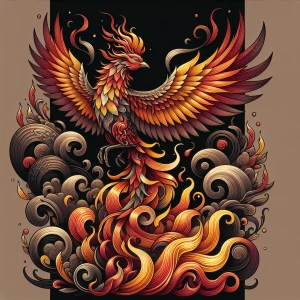 A tattoo-style phoenix rising from flames, its feathers decorate...
