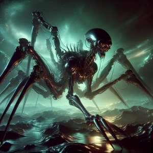 "In the eerie glow of an alien world, a terrifying creature prow...