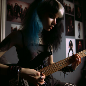 a drain alt girl with black and navy blue hair playing guitar in...