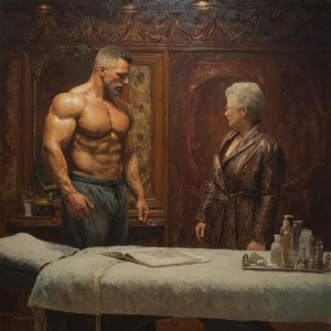 Hyperrealistic  painting photo of a muscular Russian man in his...