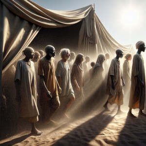 People enter a dusty empty tent