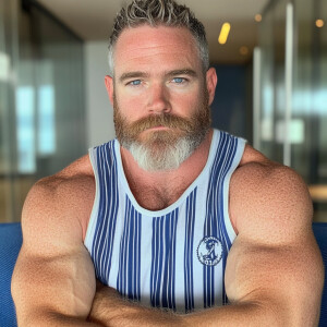 The image shows a white man with a beard blue eyes, grayish brow...