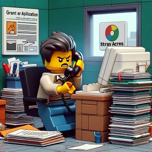 Create a video depicting a Lego minifigure in an office setting,...