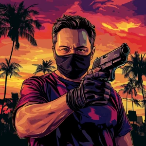Elon Musk in GTA art style, i want it to wear a mask and glass...