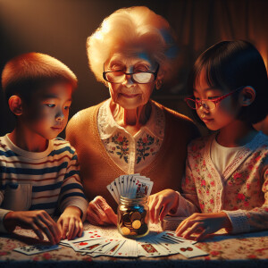 A 90 years old grandmother teach her two grandchildren’s to play...