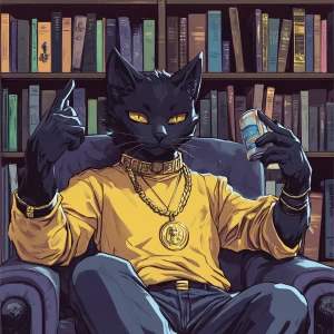 A humanoid cat character sitting in an armchair, with a bookshel...