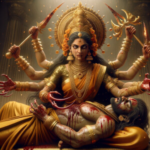 portrait of angry looking, four-armed indian goddess sitting on...