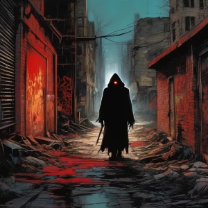 Twisted, nightmarish graffiti covering a decaying urban alleyway, dripping and pulsating with unnatural colors; a shadowy figure with glowing red eyes lurks in the background.