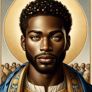 Create handsome African-American, Jesus, with Hazel Brown eyes wearing a blue and gold robe