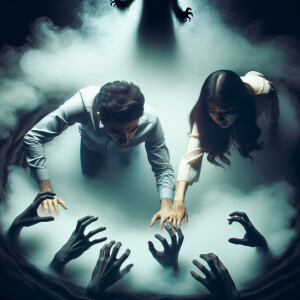 A guy and a girl are being pulled to the bottom by hands from th...