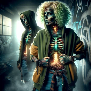 Look back effect zombie girl with scared tissue in an illustrati...