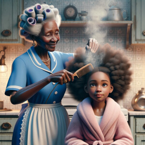 Create a realistic 3-D image of an african-American grandmother wearing a blue house dress and a white apron . She is in the kitchen with her african-American granddaughter. Her granddaughter is wearing a pink bath robe. The grandmother has a hot comb in her hand and she is straightening her granddaughters hair. One side of her granddaughters hair is in  a Afro the other straight 
There is smoke coming from the hot comb
The granddaughter is making a face