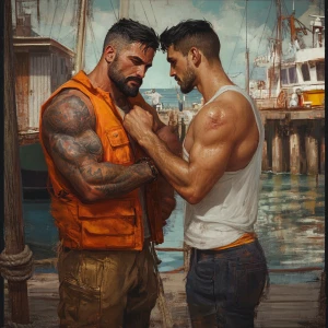 The image depicts two men on a dock, surrounded by a tranquil co...