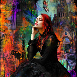 Generate an image of a gothic woman in the midst of a brightly c...