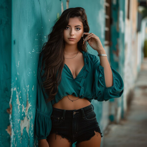 Please provide a detailed description of the fair-skinned Latina...