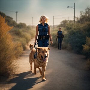Create a confident female police officer with blonde hair, dress...