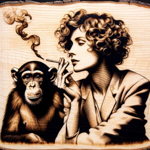 A nude woman smoking a cigarette sitting next to a chimp