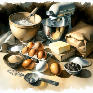 Create a still life watercolor image of a mixing bowl, eggs, mix...