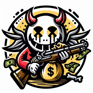 Design a cartoon-style circular logo featuring a cheeky demon we...