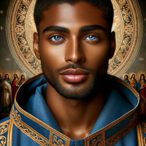 Create handsome African-American, Jesus, with Hazel Brown eyes wearing a blue and gold robe