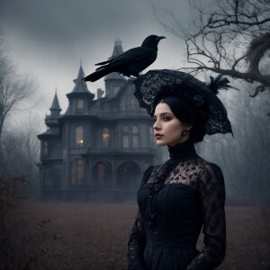 a Victorian woman with dark black tresses piled on her head, her...