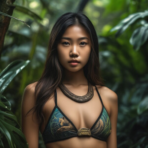 Very skinny thin, Asian teen girl, wearing animal skin, bikini,...