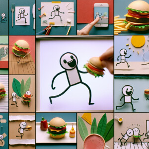 Stop-motion animation scene, playful stickman character, simple...