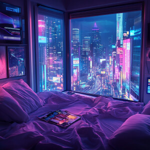 A cozy, futuristic bedroom with a large window view of a vibrant...