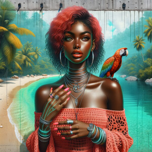 Tropical forest landscape Pretty blue exotic waters palm trees beautiful sand, ducks in the water.An Street art style image of a thick African American woman she’s wearing a Coral crochet off the shoulder dress, sandals, warm mahogany skin tone, full lips, long wispy lashes, freckles, multiple silver necklaces, rings, pink nails. wet wavy red hair, parrot on her shoulder, electrostatic art contrast colors high definition