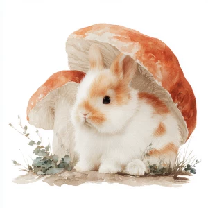 Commercial illustration fluffy rabbit under mushroom, watercolor...