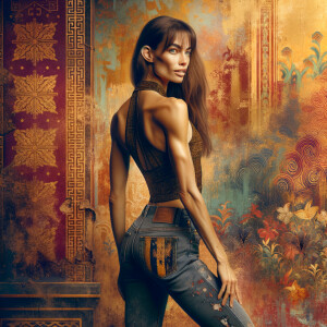 Athletic Thin skinny Attractive, Asian teenage girl, long brown hair and bangs, wearing tight skinny jeans and a halter top paint marks on her clothing, heroic pose Asian graffiti background, backside view