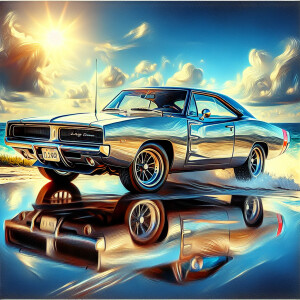 A liquid silver 1969 dodgecharger,  highlyreflectedsurfaces, dri...