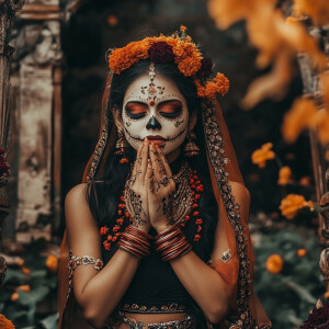 Create an image of an attractive Indian woman dressed in a costu...