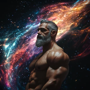 In a cosmic landscape where vibrant energy streams twist across...